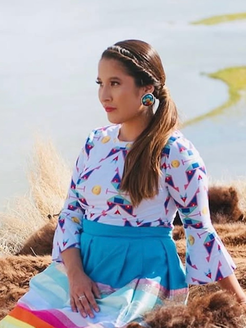 White Geometric Print Long Sleeve Top with Flared Sleeves